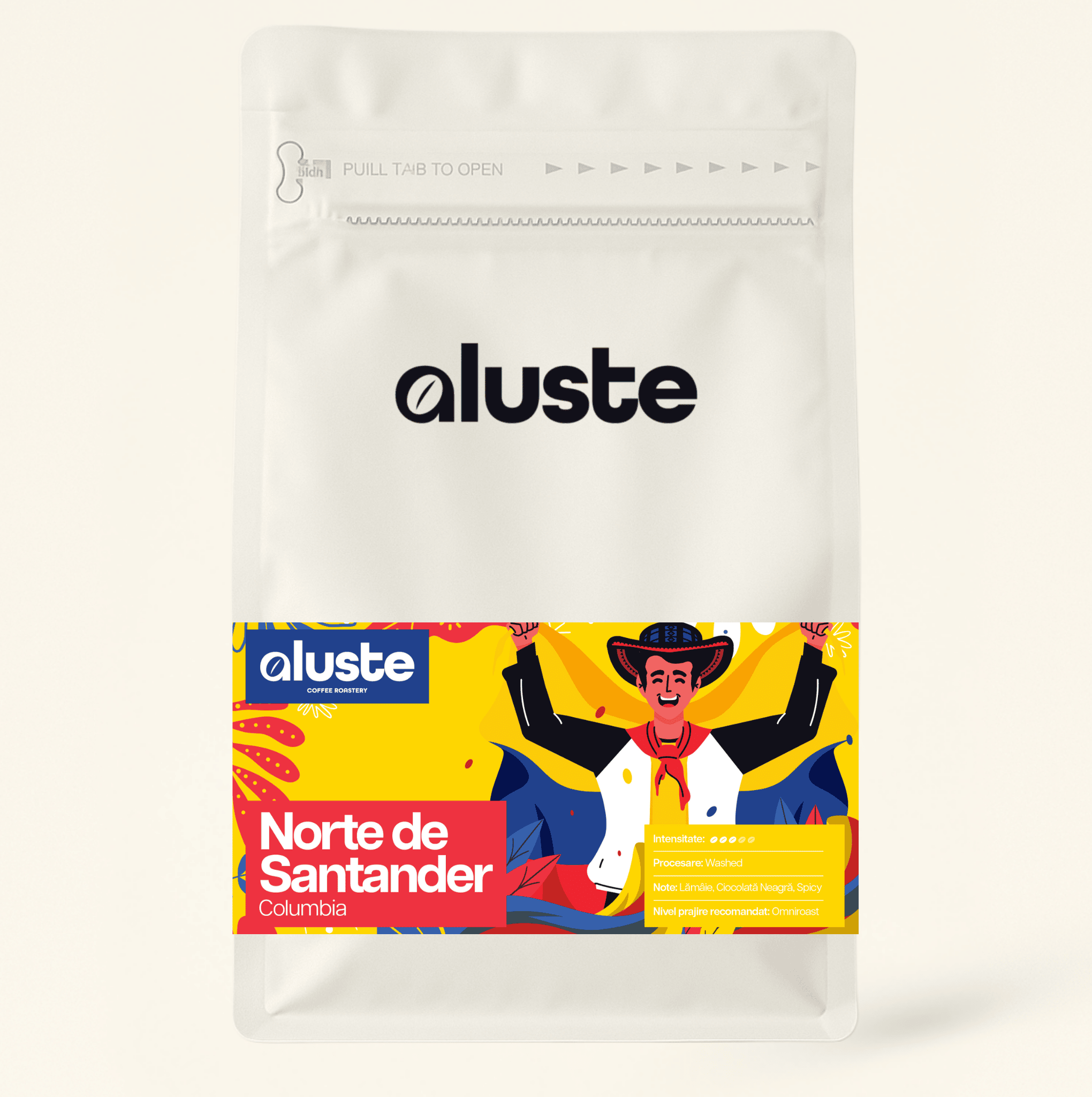 Cafea boabe Aluste Columbia Norte de Santander — single origin, prăjită în București, procesare washed, note de lămâie, ciocolată neagră și accente picante, prăjire omniroast.