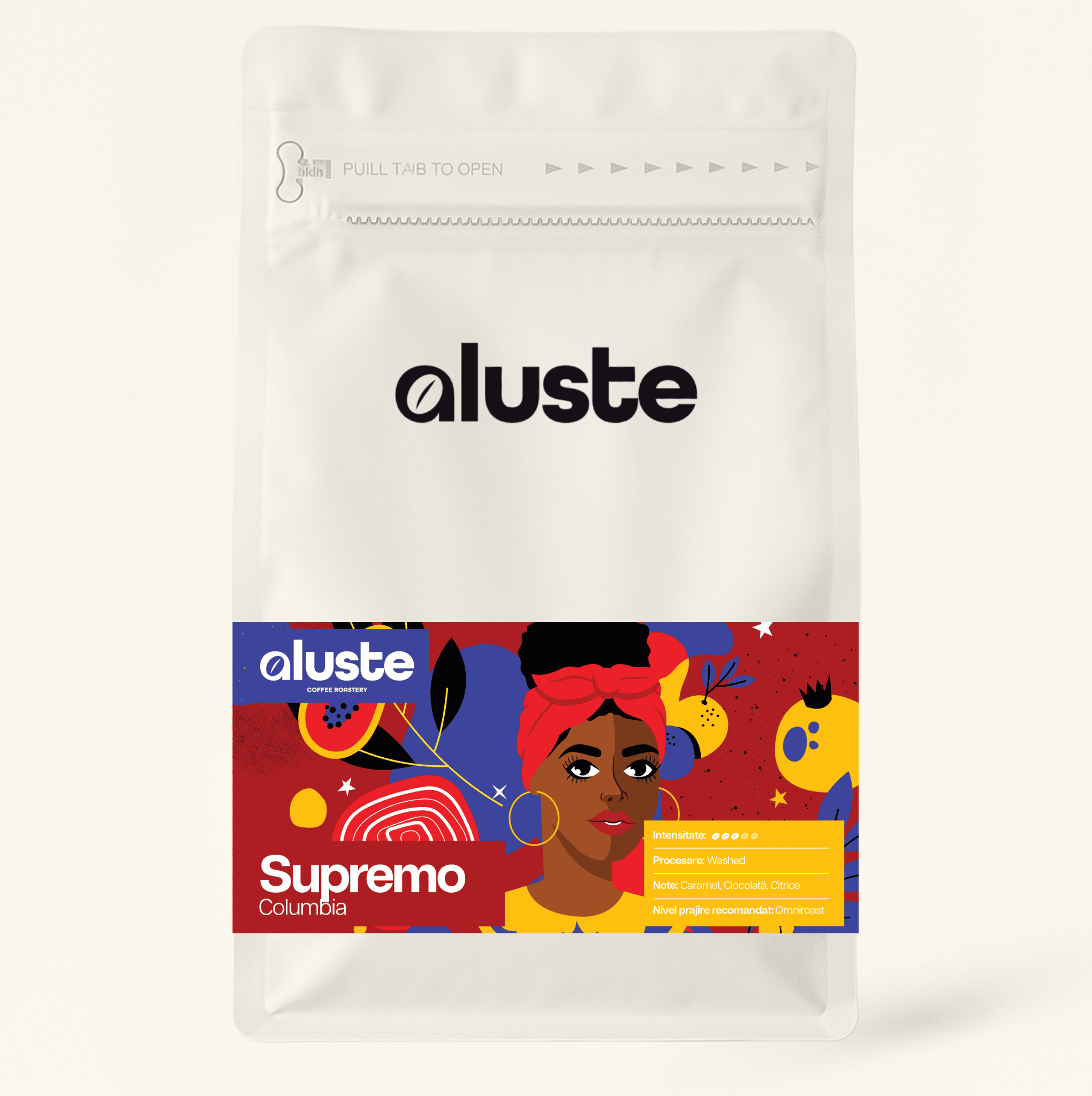 Cafea boabe Aluste Columbia Supremo — single origin, prăjită în București, procesare washed, note de caramel, ciocolată și citrice, prăjire omniroast.