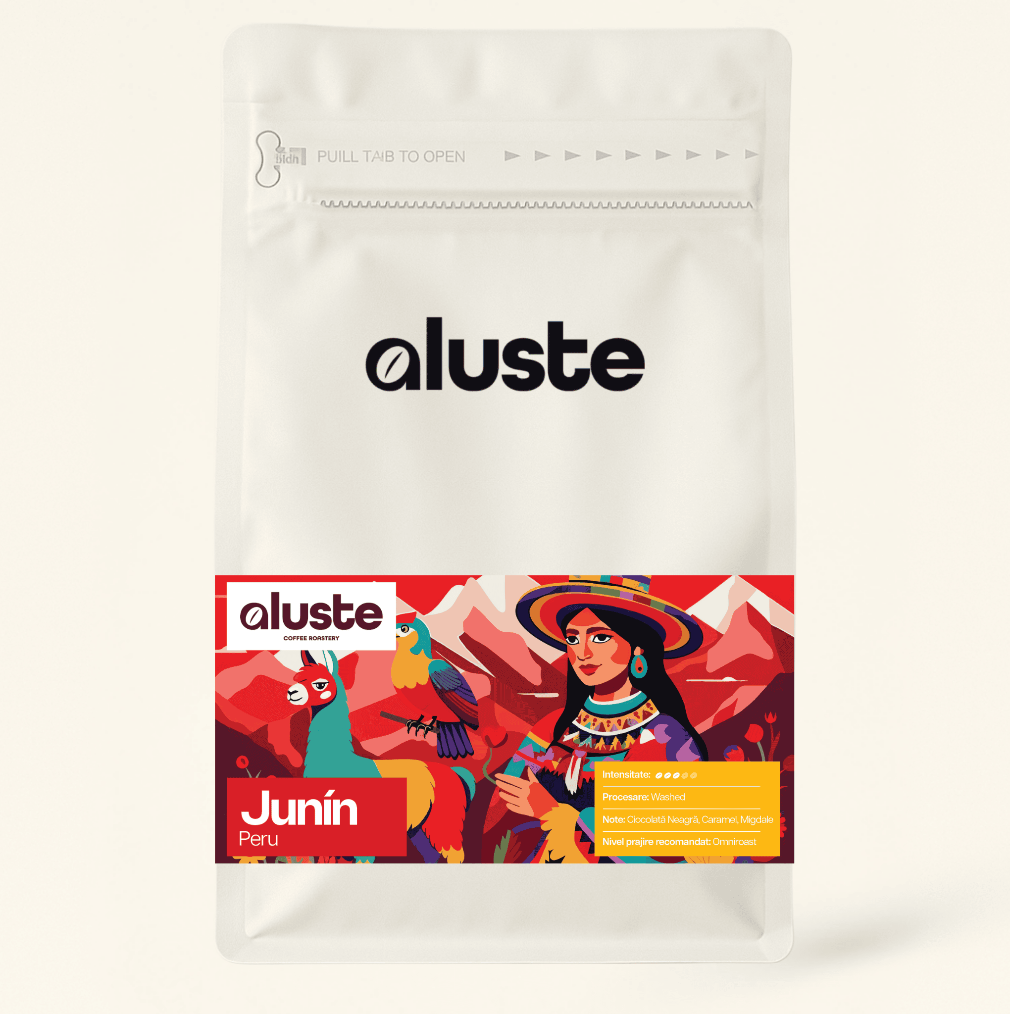 Cafea boabe Aluste Peru Junín — single origin, prăjită în București, procesare washed, note de ciocolată neagră, caramel și migdale, prăjire omniroast.