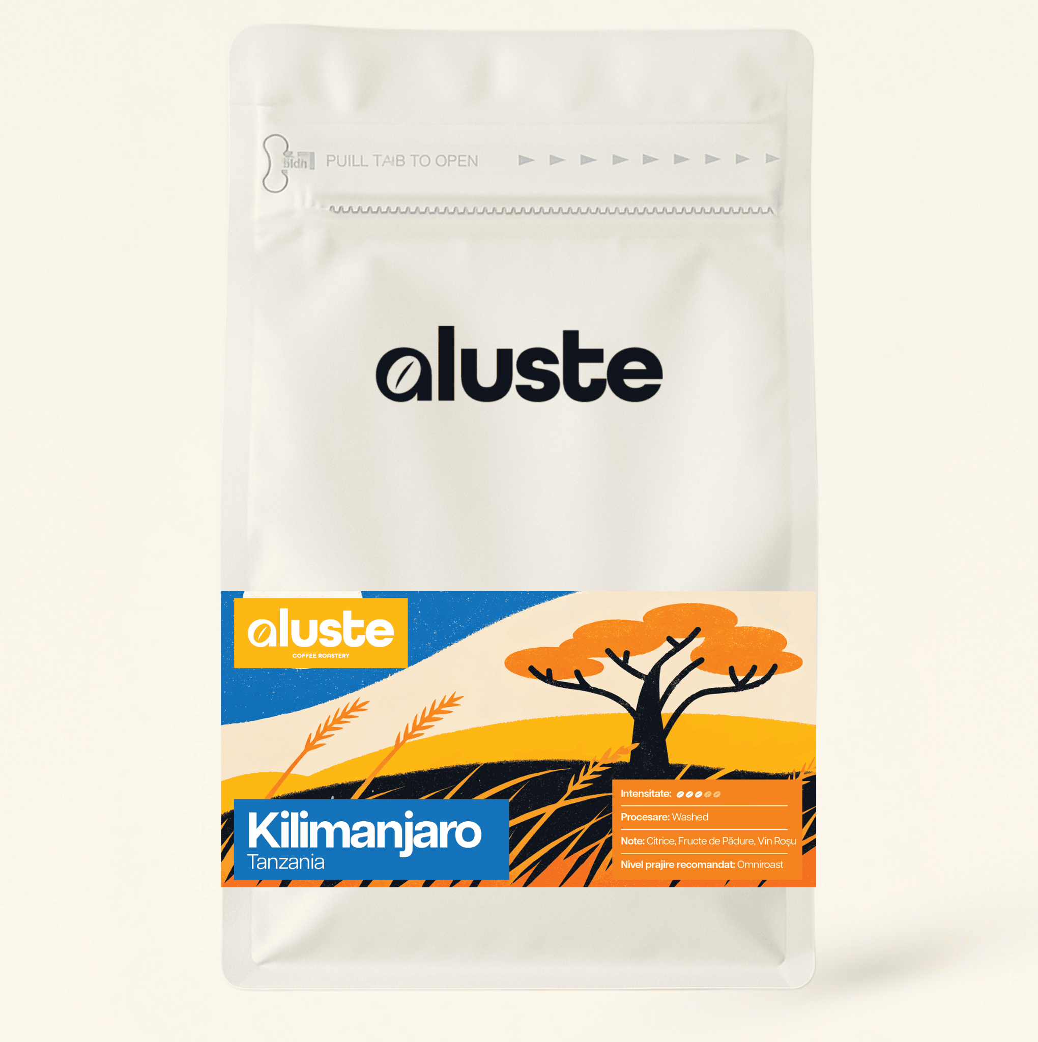 Cafea boabe Aluste Tanzania Kilimanjaro — single origin, prăjită în București, procesare washed, note de citrice, fructe de pădure și vin roșu, prăjire omniroast.